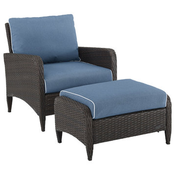 Kiawah 2-Piece Outdoor Wicker Chair Set, Blue/Brown Arm Chair and Ottoman