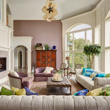 Two Story Living Room with Arched Floor to Ceiling Windows