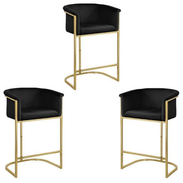 Home Square 3 Piece 27" Velvet Counter Stool Set with Gold Metal Base in Black