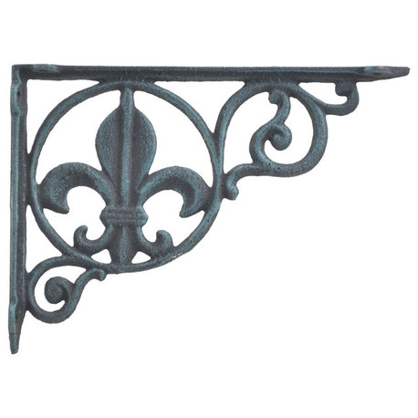 Wall Shelf Bracket Brace, Fleur De Lis Pattern, Verdigris Cast Iron, 8.625"