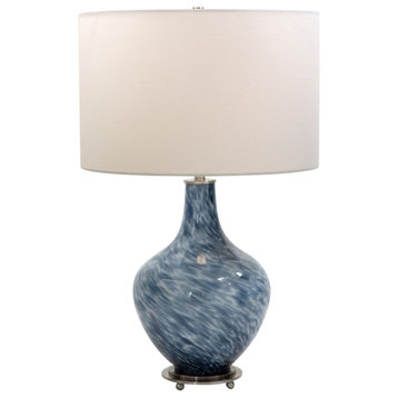 Elegant Art Glass Swirl Cobalt Blue White Table Lamp 25 in Round Coastal Color