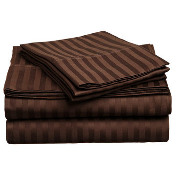400 Thread Count Stripe Fitted Bed Sheet Set, Mocha, Twin Xl
