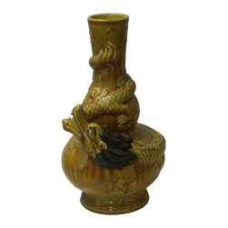 Handmade Chinese Ceramic Distressed Yellow Dragon Motif Vase - Vases