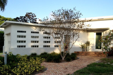 Single front door - mid-sized mid-century modern single front door idea in Miami with white walls and a glass front door