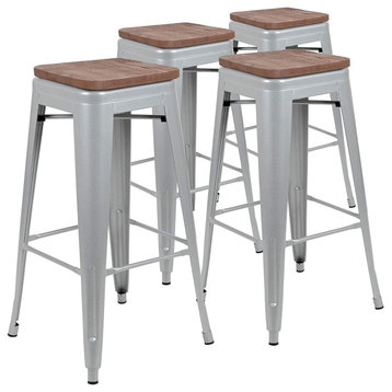 4 Pack Bar Stool, Stackable Design With Metal Base and Backless Wood Seat, Silve