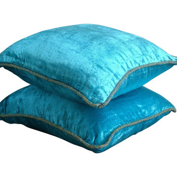 Solid Color Blue Velvet 12"x12" Decorative Pillow Covers, Turquoise Shimmer