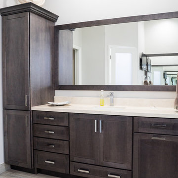 Master Bathroom Full Remodel Featuring Porcelain Floors and Marble Countertops