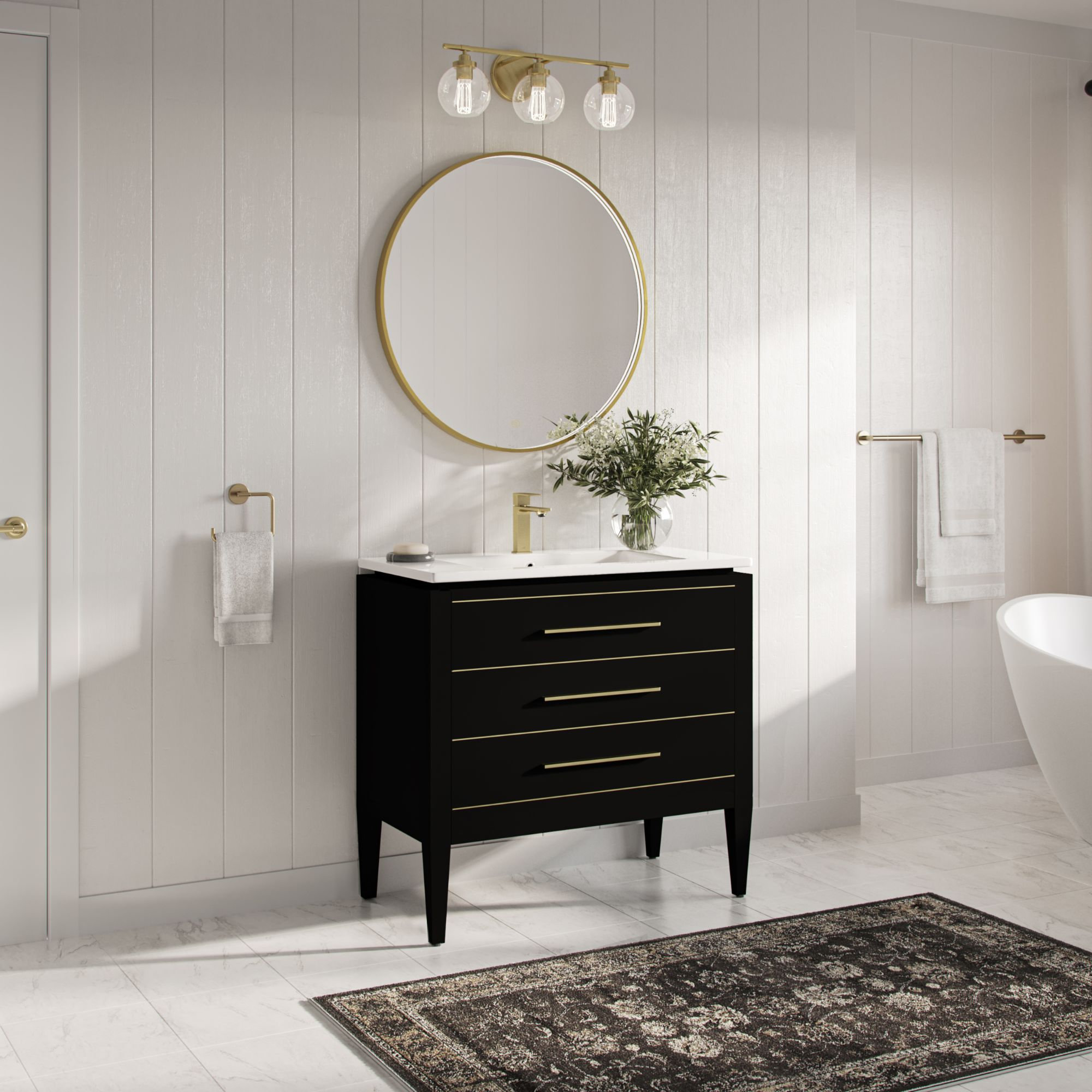 Grace Bathroom Vanity, Black With Brass Trim, 36", Single Sink, Freestanding