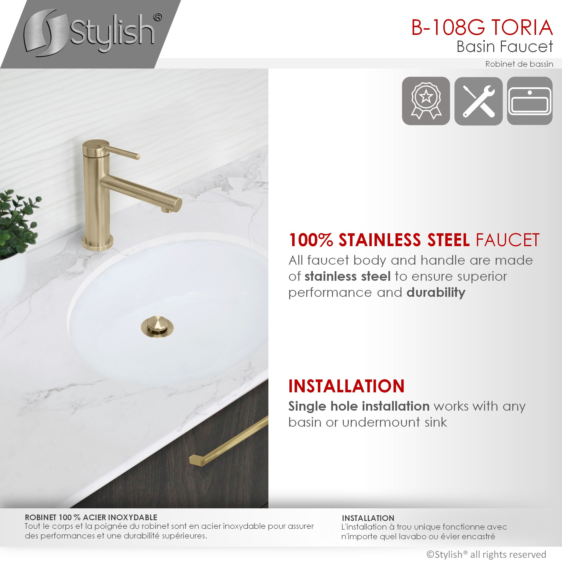 STYLISH Single Handle Modern Bathroom Faucet Basin Sink Faucet, Gold Finish