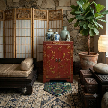Vintage Style Red Cabinet Gold Butterfly Motifs End Table Nightstand ws5006