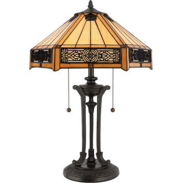 2 Light Craftsman Tiffany Table Lamp Pedastal Bronze Base and Handcrafted