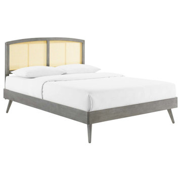 Cane Bed, Woven Rattan Bed, Art Moderne Curve Platform Bed, Grey, Full
