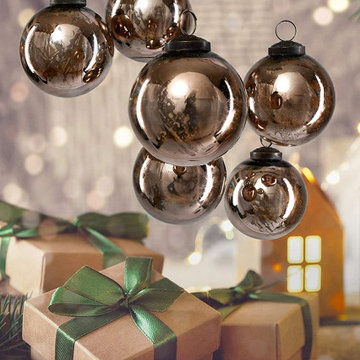 Set of 6 Antique Bronze Glass Ball Ornament in Window Box, 4"x3"