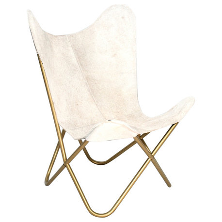 Gold Stainless Steel Chair With Gray and White Hairline Leather