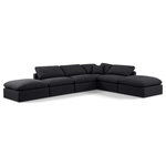 Meridian Furniture - Indulge Upholstered Modular U-Shaped Sectional, Black, 6-Piece: 3 Armless Chair, 1 Corner Chair, 2 Ottoman, Down Stuffed Linen Textured Fabric - Experience ultimate comfort and style with our black linen textured fabric Indulge Sectional. The luxurious linen texture of the fabric will elevate the aesthetic of any room. This sofa provides ample space for you to relax while its modular build offers the option of unlimited configurations. Whether you're looking to add a stylish element to your living room or a comfortable seating option to your bedroom, this sofa is the perfect choice.