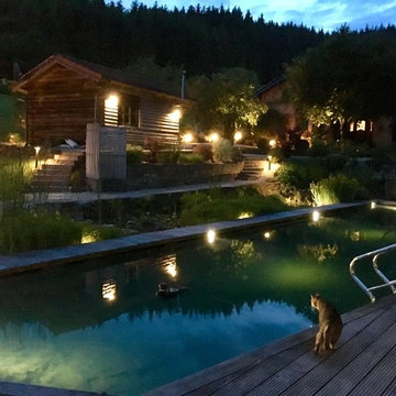 Gartenanlage mit Naturschwimmteich und Saunahaus