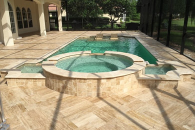 Complete Renovation adding a spa and Sunshelf,kitchen,vein cut Ivory Travertine