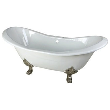 72" Double Slipper Clawfoot Tub w/7" Faucet Drillings, White/Brushed Nickel