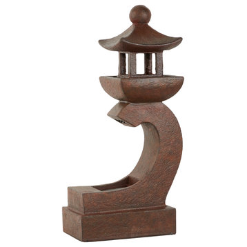 Indoor/Outdoor Brown Stone Chinese Tower Water Fountain with Lights, 10" x 16"