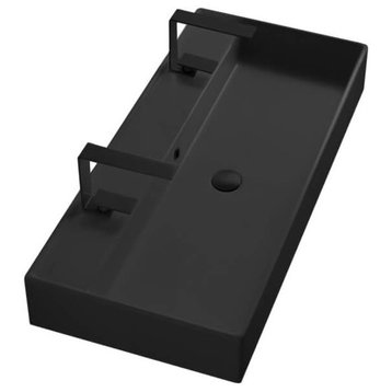 Matte Black Ceramic Trough Wall Mounted or Vessel Sink, Two Hole