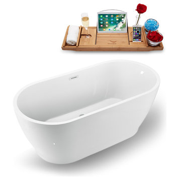 59" White Freestanding Tub and Tray With External Drain, Oval Shaped