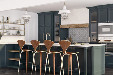 Cottage ceramic tile and black floor kitchen photo in Miami with shaker cabinets, green cabinets, marble countertops, beige backsplash, ceramic backsplash, an island and white countertops