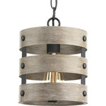 Progress Lighting - Gulliver 1-Light Mini-Pendant - Three circular bands wrap together to create an open design in Gulliver. Hand painted to emulate weathered driftwood, the Graphite frame is accented by smooth knobs and encases exposed bulbs. The wood grained texture complements rustic farmhouse home decor.
