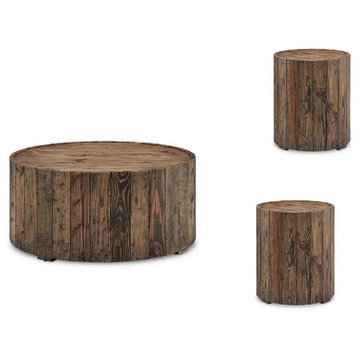 3 Piece Cabin Style Coffee and End Table Set in Rustic Pine