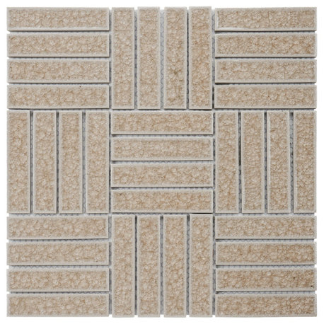 Modket Beige Crackle Glass Parquet Mosaic Tile Kitchen Backsplash TDH276CG