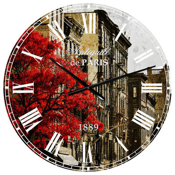 Red Tree On Black and White New York Cityscapes Metal Clock, 23x23
