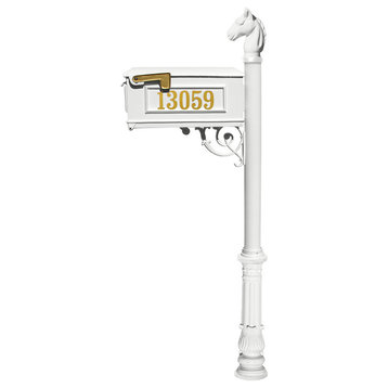 Mailbox Post System-Decorative Ornate Base-Gold Vinyl Personalized Number, White