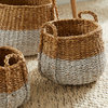 Seagrass Round Baskets With Handles, White and Natural, Set of 3