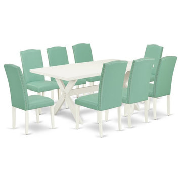 East West Furniture X-Style 9-piece Traditional Wood Dining Set in Pond Blue