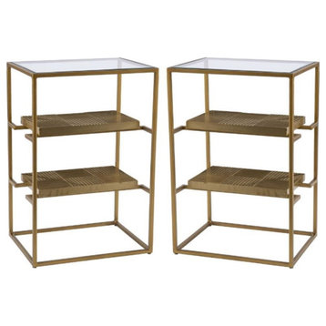 Home Square Metal End Table with Glass Top in Brass - Set of 2