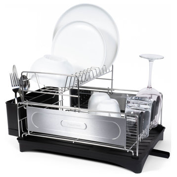 Compact 18.25" 2-Tier Stainless Dish Rack With Swivel Spout Tray, Steel/Black