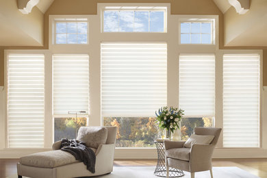 Example of a large trendy light wood floor living room design in Phoenix with beige walls