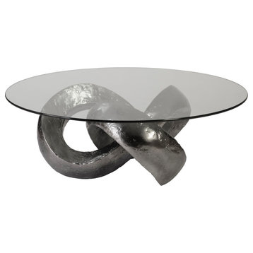 Trefoil Coffee Table, With Glass, Liquid Silver With Glass