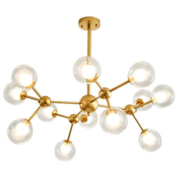 Glass Globe Shaped Chandelier, Molecular Fission Branches, 12 Lights, Cool Light
