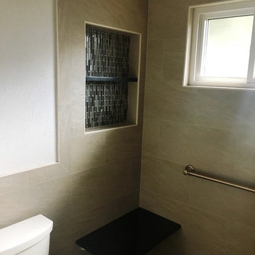 BATHROOM - Contemporary Tub-To-Shower 12 x 24 TanTile and Linear Mosaic Accent