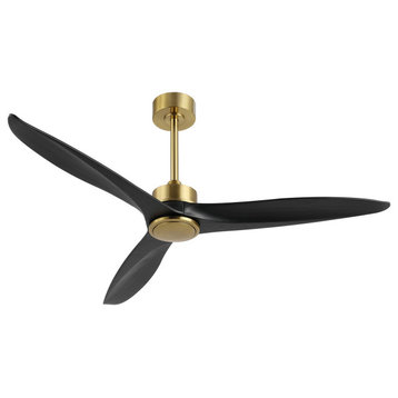 52" Solid Wood 3-Blade Propeller Ceiling Fan With Remote, Gold/Black