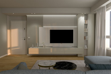 Пример оригинального дизайна: открытая гостиная комната среднего размера в современном стиле с светлым паркетным полом и телевизором на стене