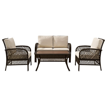 Tribeca 4-Piece Outdoor Wicker Seating Set, Brown With Sand Cusions