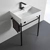 Rectangular White Ceramic Console Sink and Matte Black Stand, One Hole