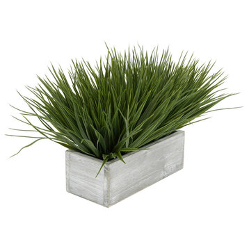 House of Silk Flowers Artificial Green Farm Grass in 9" Grey-Washed Wood Trough