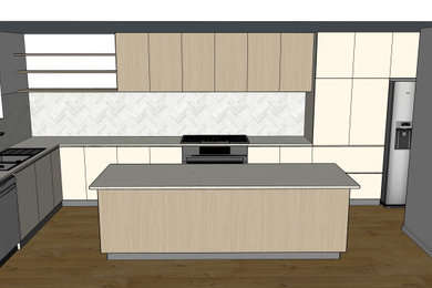 Design ideas for a large contemporary l-shaped open plan kitchen in Adelaide with light wood cabinets, quartz benchtops, grey splashback, ceramic splashback, laminate floors, with island and grey benchtop.