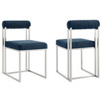 Armen Living - Anastasia Dining Chair With Brushed Stainless Steel and Blue Fabric, Set of 2 - Make a stylish impact with the clean and modern aesthetic of the Anastasia Dining Chair in Fabric and Metal - Set of 2 by Armen Living. Its crisp and refined frame is combined with plush upholstery to lend a chic and striking edge to any room. A cylindrical cushion is beautifully balanced upon its airy frame to offer comfortable back support. Its cushioned backrest and padded seat showcase a neat channeling detail that provides texture for a chic and inviting look. The chair is upholstered in performance fabric to offer easy care and maintenance. Its slender and clean-lined metallic frame reflects the refined and elevated tone of our chair. The contemporary Anastasia chair can add a dose of comfort and charm to your eat-in kitchen and dining room. With versatile styling potential, it can serve as an occasional chair to offer an easy and chic place to land anywhere from your lounge to your home office. Available as a set of two, the Anastasia Dining Chair comes in brushed stainless steel with Light Gray, Charcoal, Blue, or Taupe fabric or matte black iron with Anchor Gray fabric, Light Gray fabric, or Light Gray faux leather to bring style and comfort to your home.