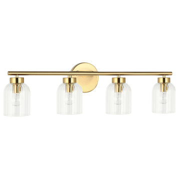 Vienna 4 Light Incandescent Vanity, Aged Brass, Clear Ribbed Glass