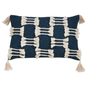 Frayed Design Cotton Poly Filled Throw Pillow, 14"x23", Navy Blue