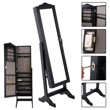 Costway Lockable Mirrored Jewelry Cabinet Mirror Organizer Storage Box w/ Stand
