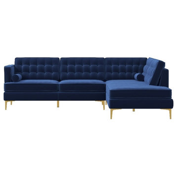 Celestine Modern Pillow Back Velvet Right-Facing Upholstered Sectional in Blue